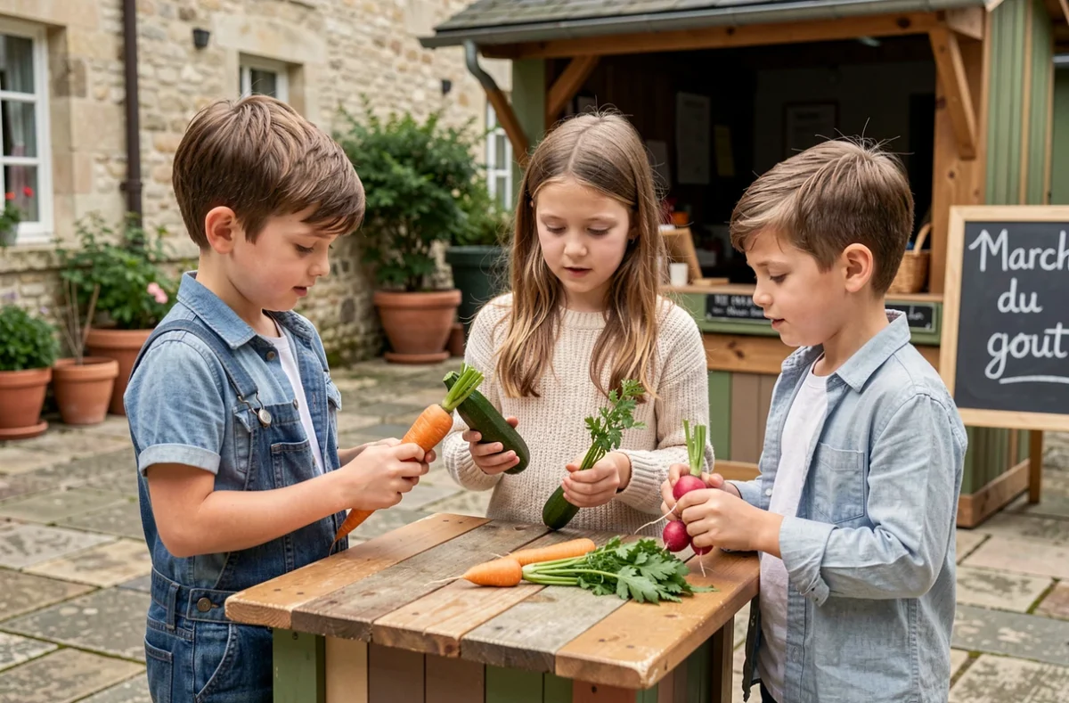 Trois enfants animant un marché du goût pédagogique en bois dans une cour d'école avec légumes de saison lors de la semaine du goût durable