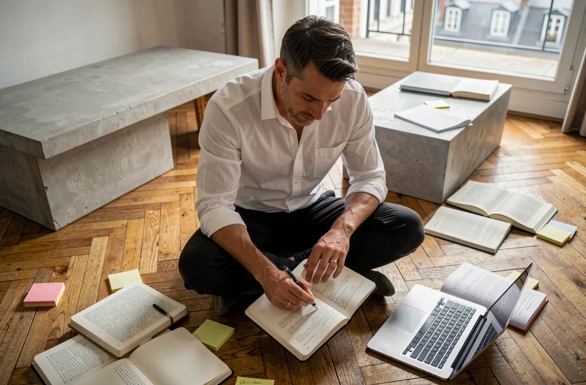 Homme assis sur le sol d'un appartement parisien entouré de cahiers et manuscrits, évoquant l'engagement intellectuel ancré dans la vie personnelle et privée