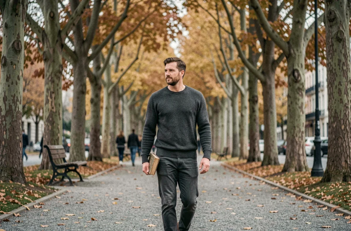 Homme marchant seul dans un parc urbain en automne tenant un livre, symbole du lien entre vie privée et réflexion intellectuelle