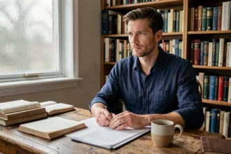 Homme pensif assis à un bureau en chêne entouré de livres dans une bibliothèque personnelle, illustrant l'engagement intellectuel et la vie privée