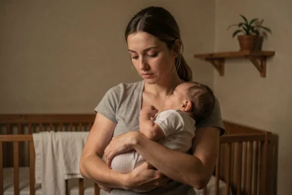 Mère tenant doucement son bébé contre elle la nuit dans une chambre apaisante, alternative douce au laisser pleurer