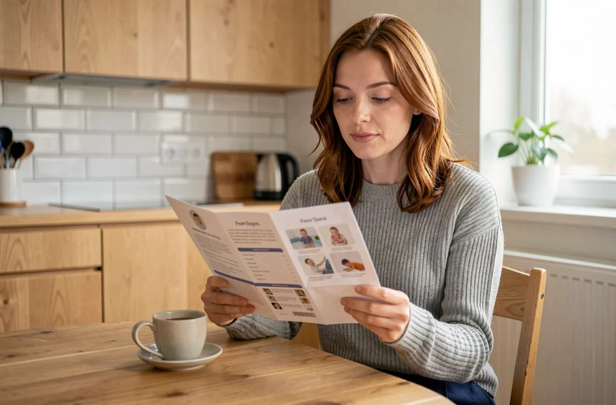Mère consulant sereinement un carnet de santé pédiatrique à la table de sa cuisine moderne