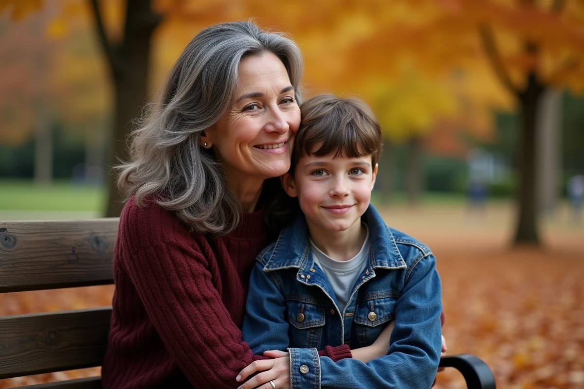 Une mère et son fils adolescent assis sur un banc en automne dans un parc, enlacés avec tendresse, symbole du lien maternel inconditionnel