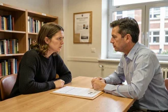 Mère inquiète en réunion avec un responsable scolaire pour discuter de l'orientation de son fils en ULIS