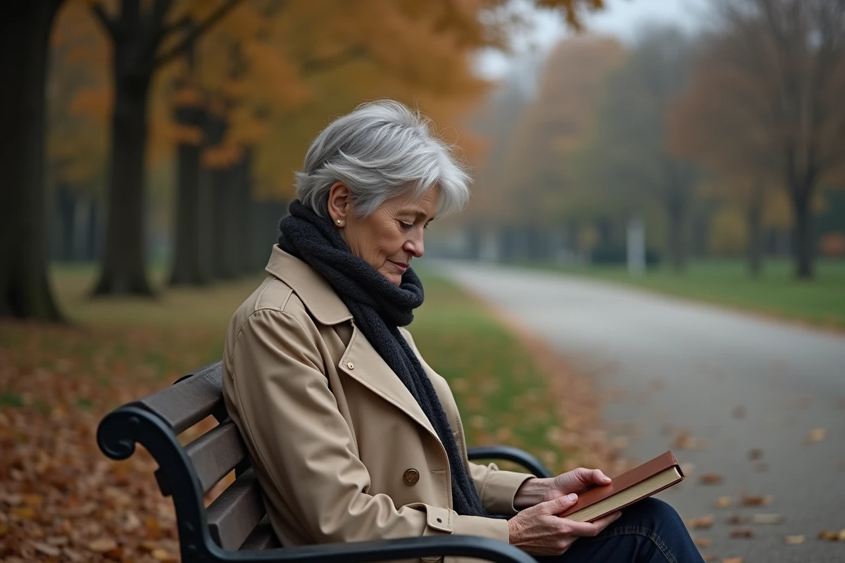 Femme âgée seule sur un banc de parc en automne, tenant un journal, dans une attitude de réflexion intérieure et de protection émotionnelle face à une relation douloureuse avec sa fille