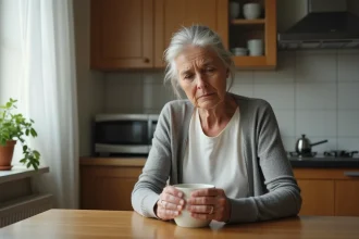 Femme d'âge mûr assise seule à la table de cuisine, l'air épuisé et blessé émotionnellement, illustrant la souffrance d'une mère face aux reproches de sa fille adulte