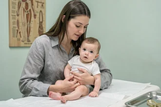 Mère tenant son bébé de 9 mois sur une table d'examen pédiatrique avec un mètre ruban, illustrant la mesure du tour de tête