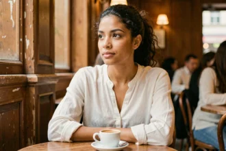 Mia Frye, jeune femme métisse aux cheveux bouclés naturels, assise dans un café parisien avec une expression pensive et posée