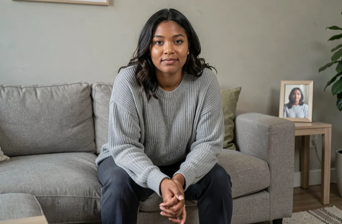 Mia Frye en pull gris dans un salon moderne, portrait intimiste dans un contexte d'interview journalistique