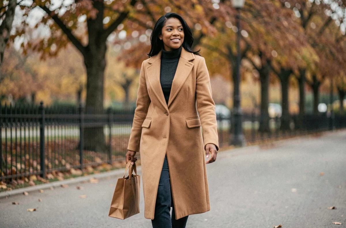 Mia Frye en manteau camel marchant dans un parc parisien en automne, style éditorial naturel et candide