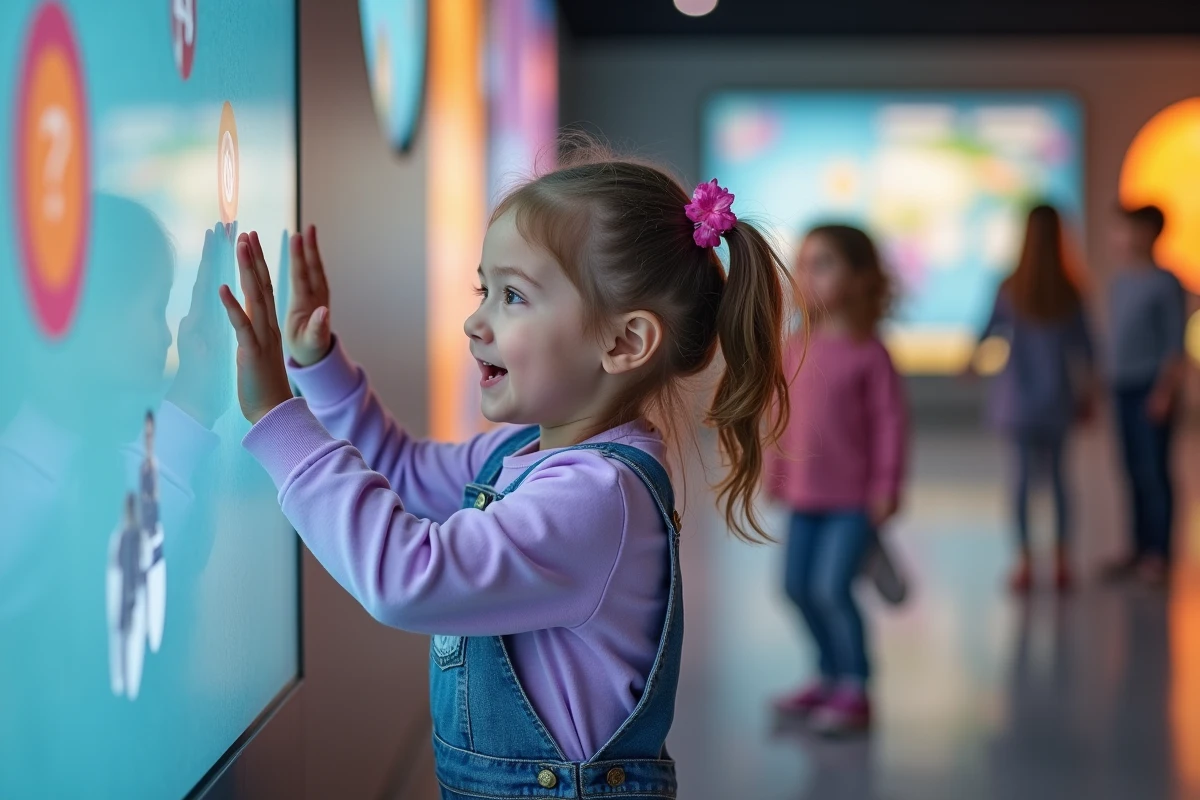 Petite fille de 4 ans explorant un musée interactif pour enfants en Île-de-France le dimanche en famille