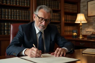 Notaire en costume marine assis à son bureau en chêne révisant un testament olographe avec des documents légaux officiels