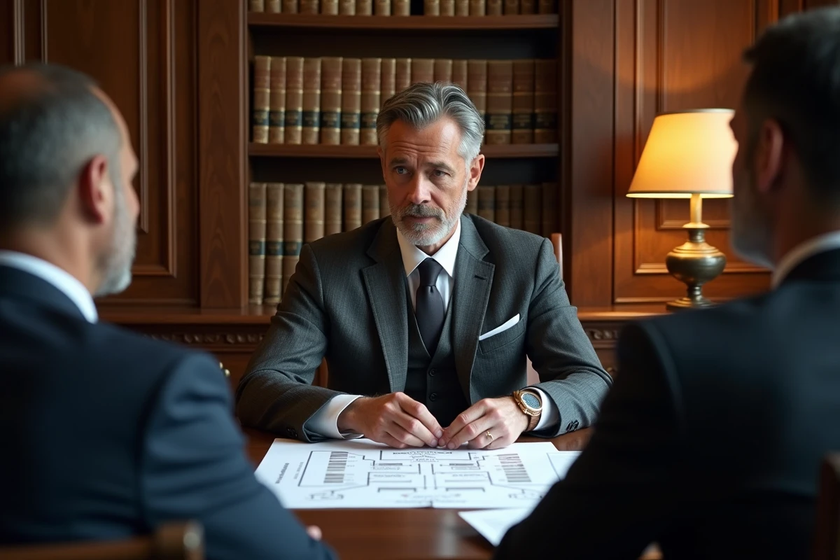 Notaire expliquant un organigramme de montage immobilier familial dans un bureau notarial traditionnel français, illustrant la complexité juridique des structures patrimoniales