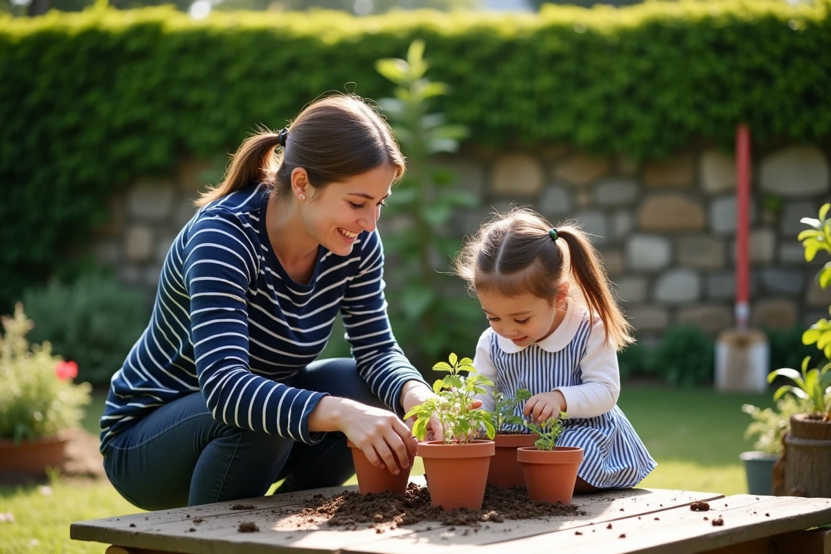Nounou et enfant plantant des graines ensemble dans un jardin verdoyant et serein