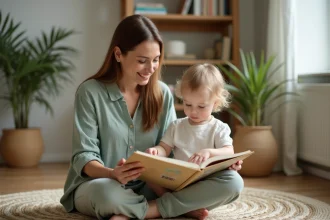 Nounou lisant un livre illustré à un tout-petit sur le sol d'un salon chaleureux et épuré