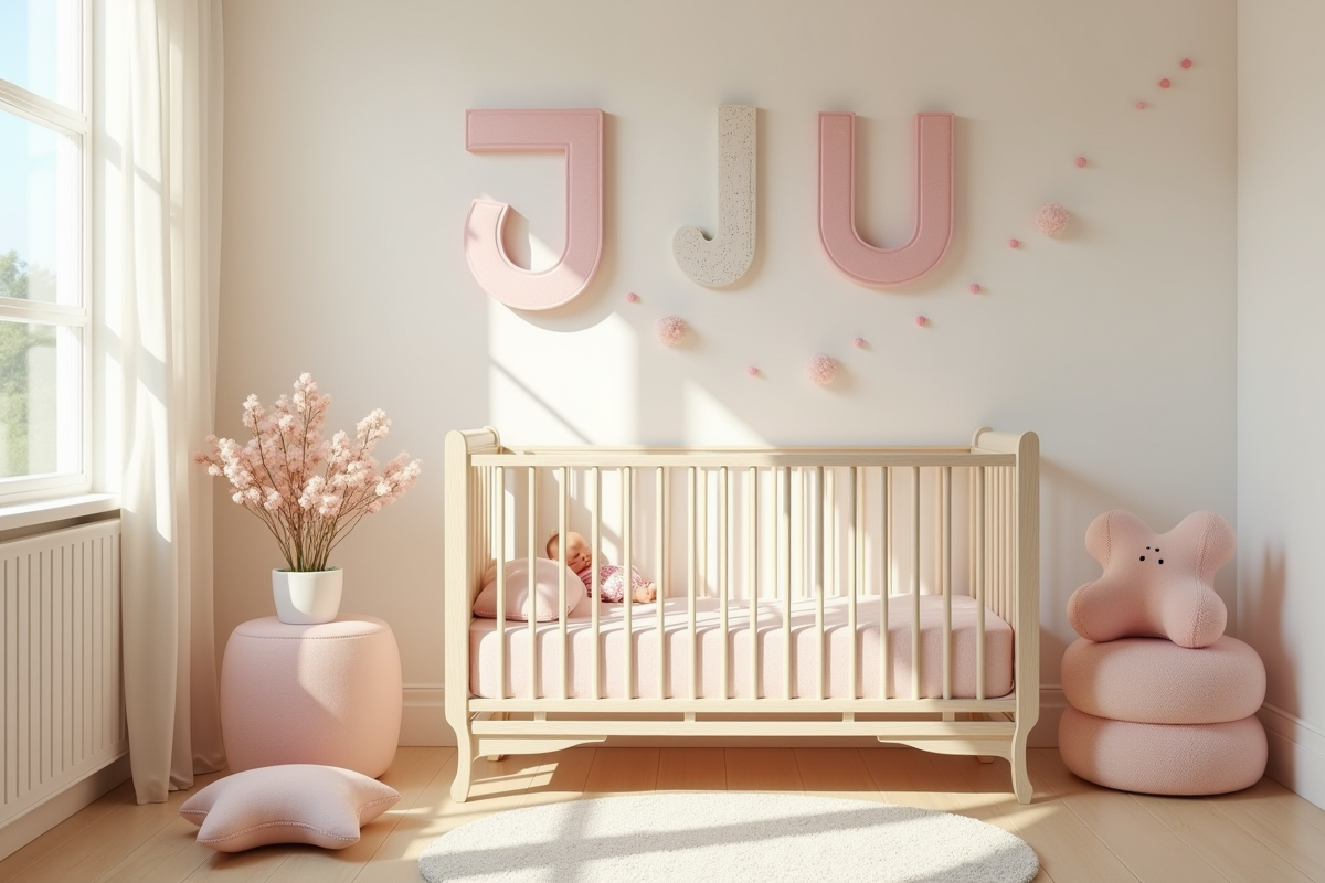 Chambre de bébé pastel avec lettre J en décoration murale