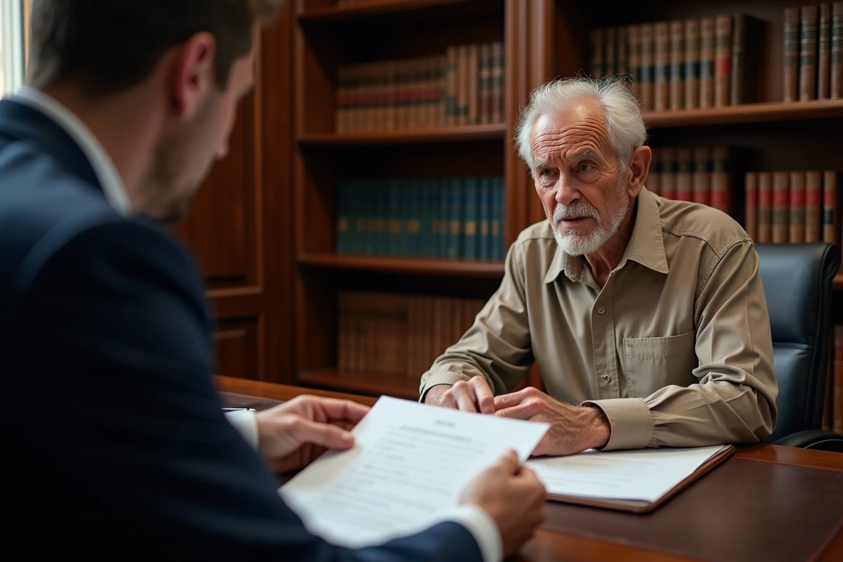 Consultation entre un senior et un conseiller juridique sur le calcul des revenus dans le cadre de l'obligation alimentaire