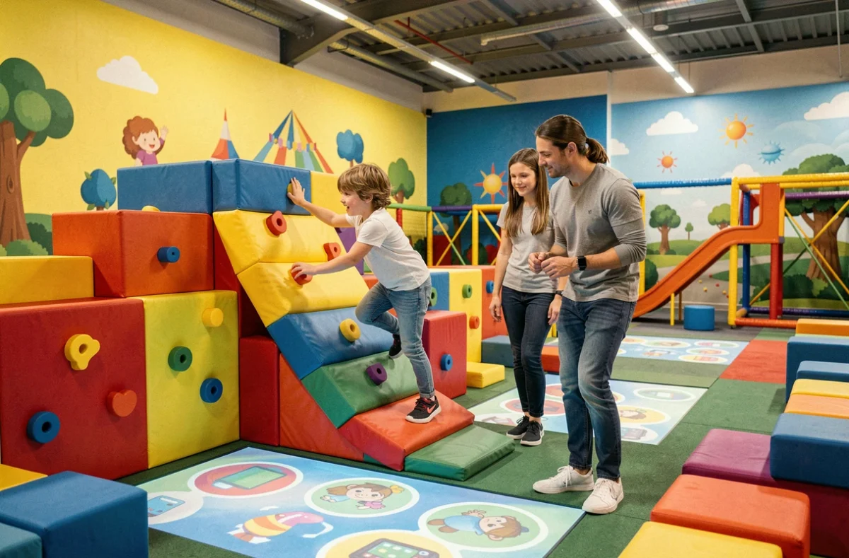 Jeunes enfants jouant dans les structures colorées et immersives du parc Palomano à Clermont-Ferrand