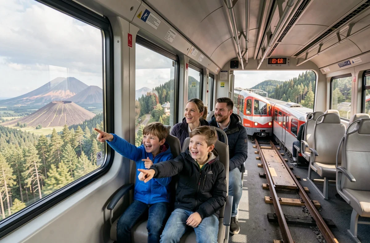 Famille à bord du train à crémaillère Panoramique des Dômes avec vue sur le paysage volcanique