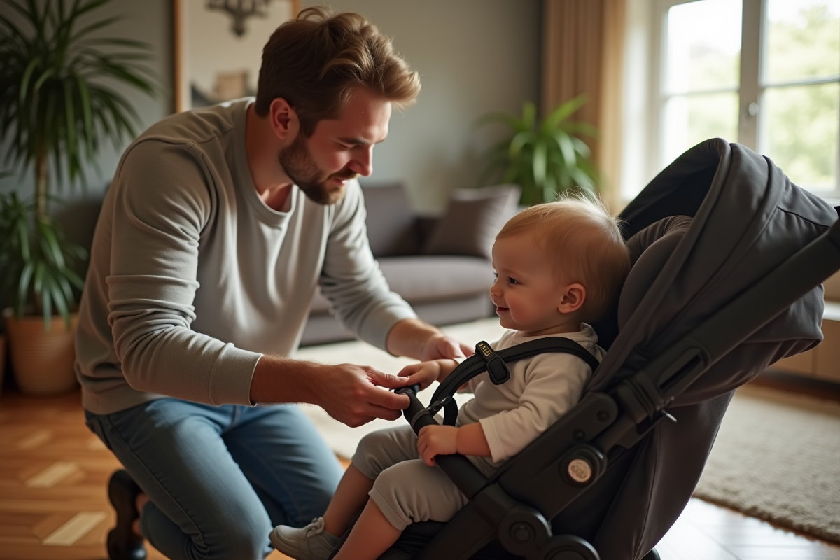 Pere ajuste harnais bebe en poussette dans salon