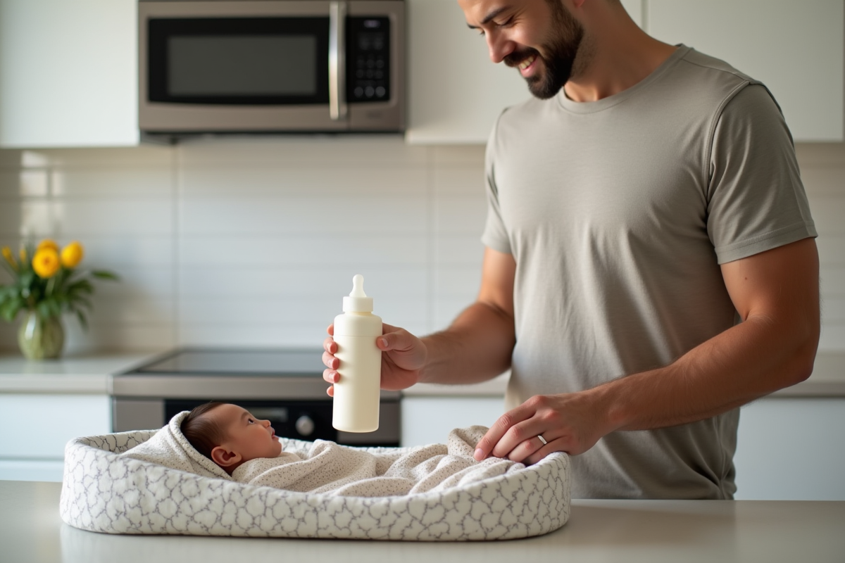 Père préparant le biberon pour sa fille dans la cuisine