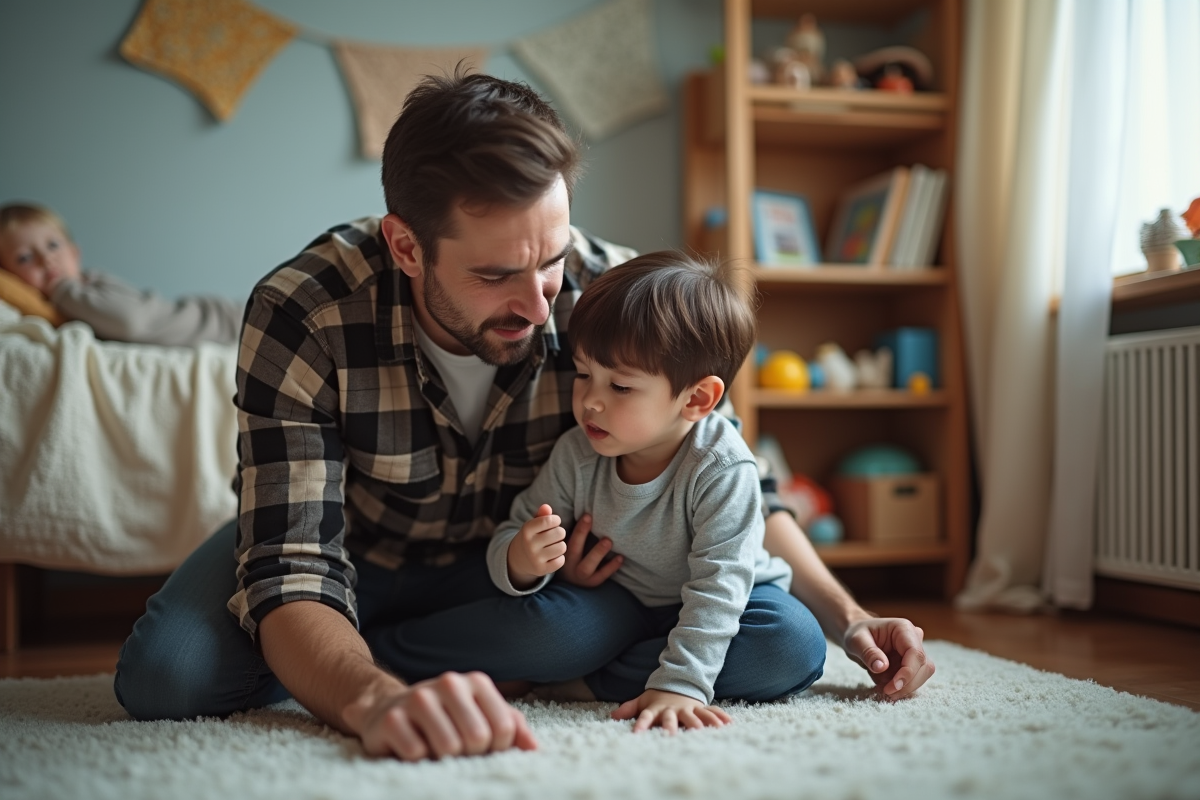 Père réconfortant un garçon dans sa chambre