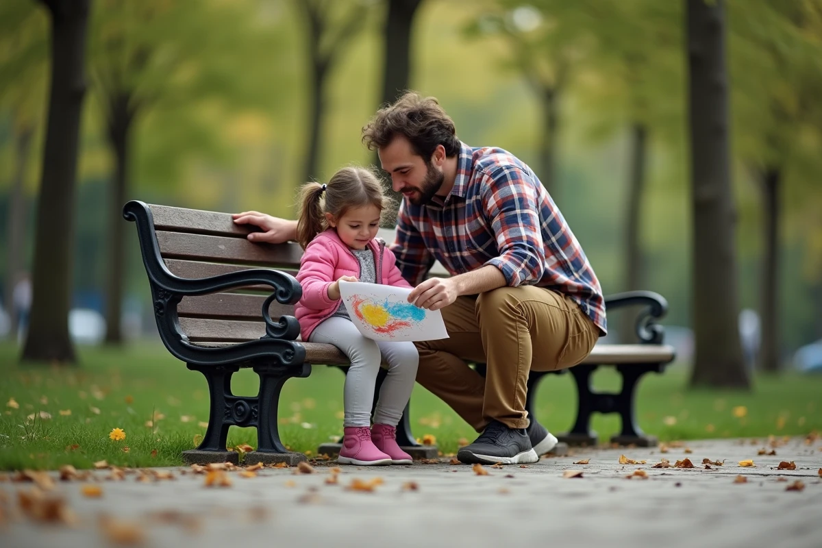 Pere et fille regardant un dessin dans un parc