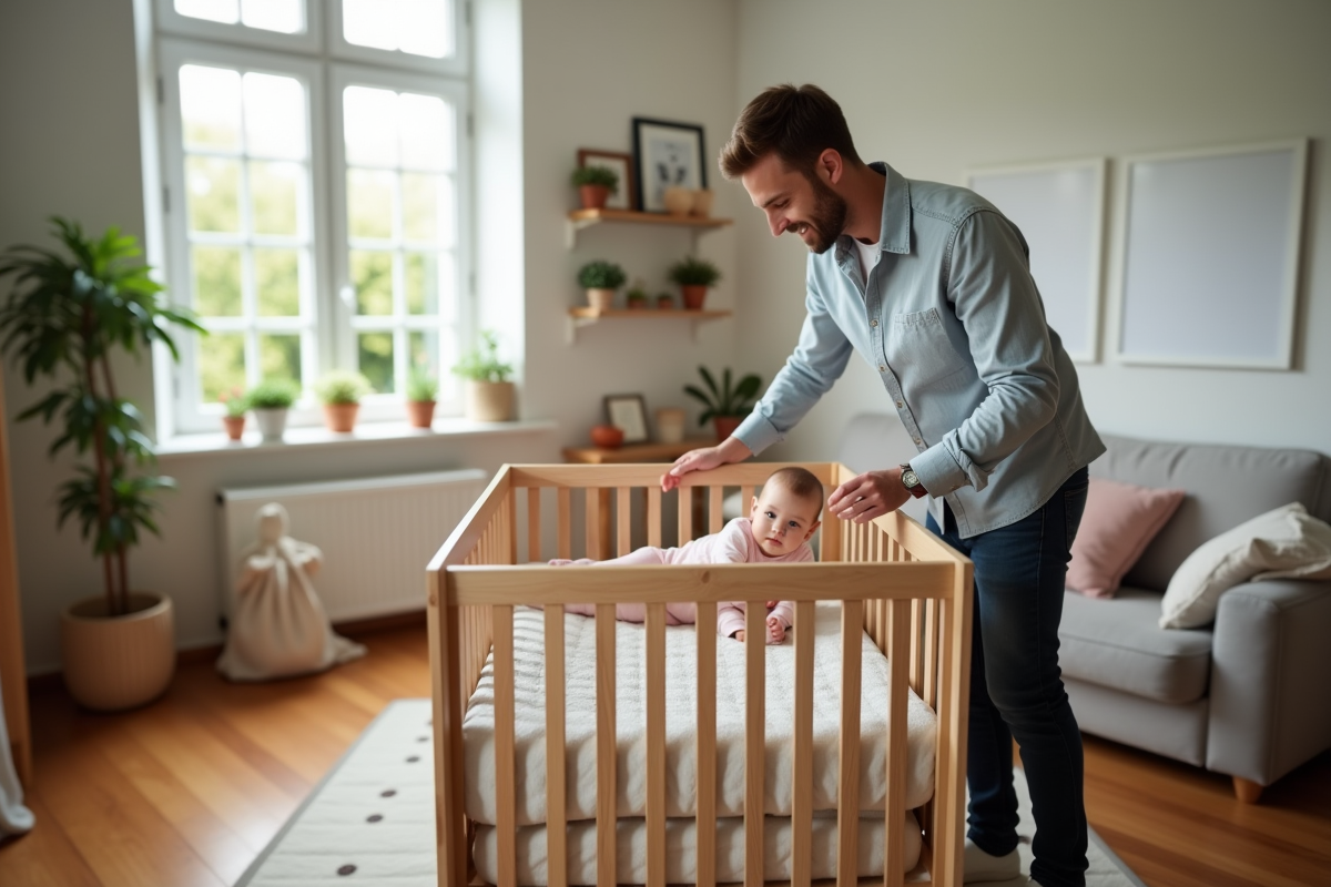 Papa dépose tendrement sa fille dans un lit en bois dans la chambre