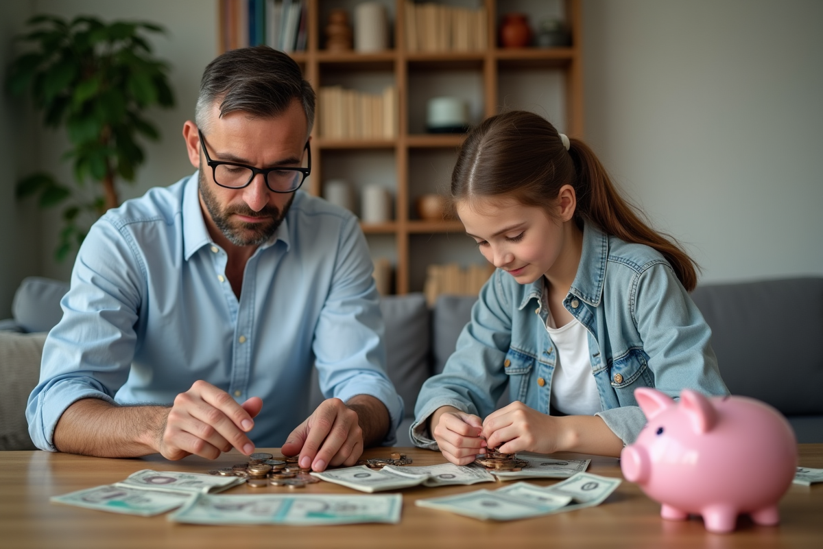 Père et fille triant des pièces et billets à la maison