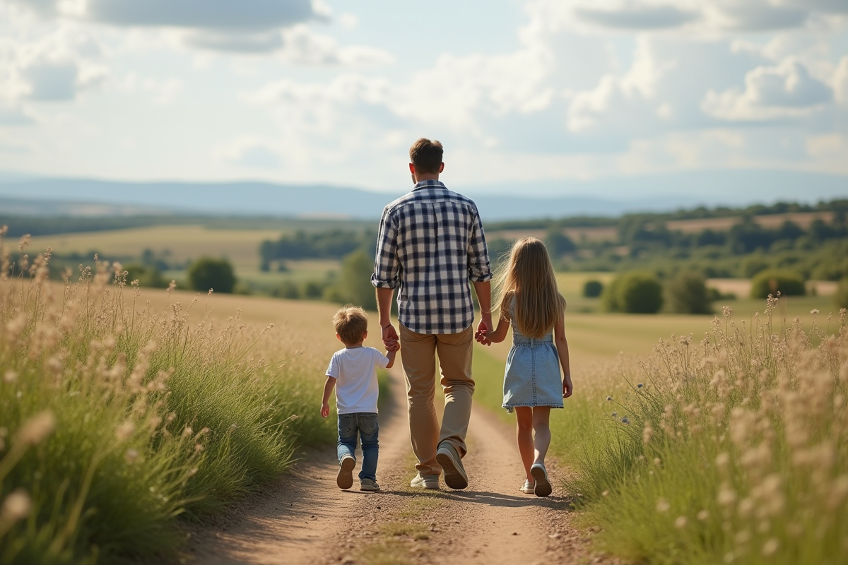 Père et enfants marchant dans un champ en pleine nature