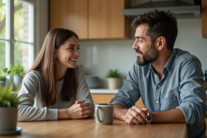 Père et fille adolescents discutant à la cuisine