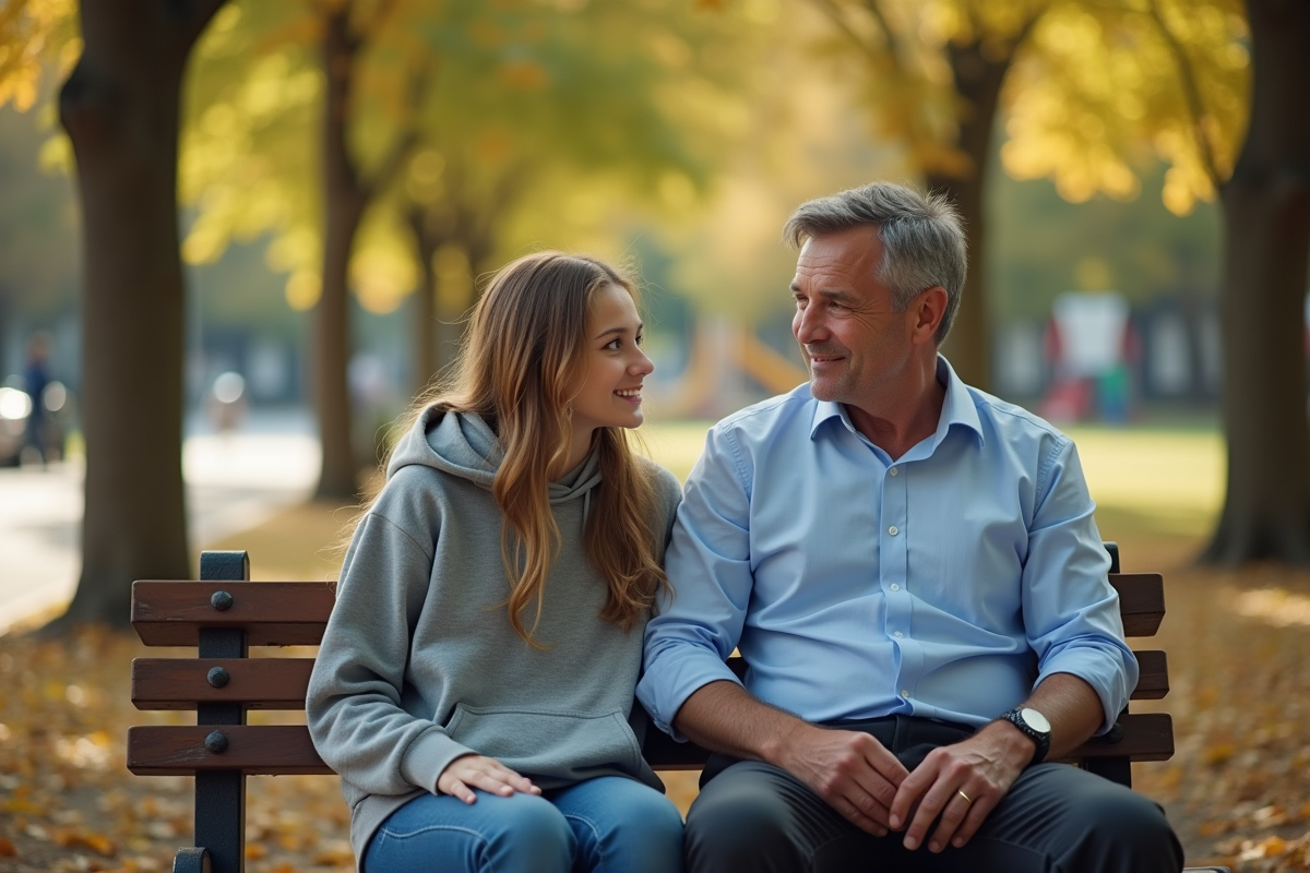 Père et fille parlent assis sur un banc dans un parc