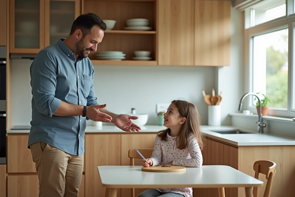 Papa explique quelque chose à sa fille dans la cuisine lumineuse