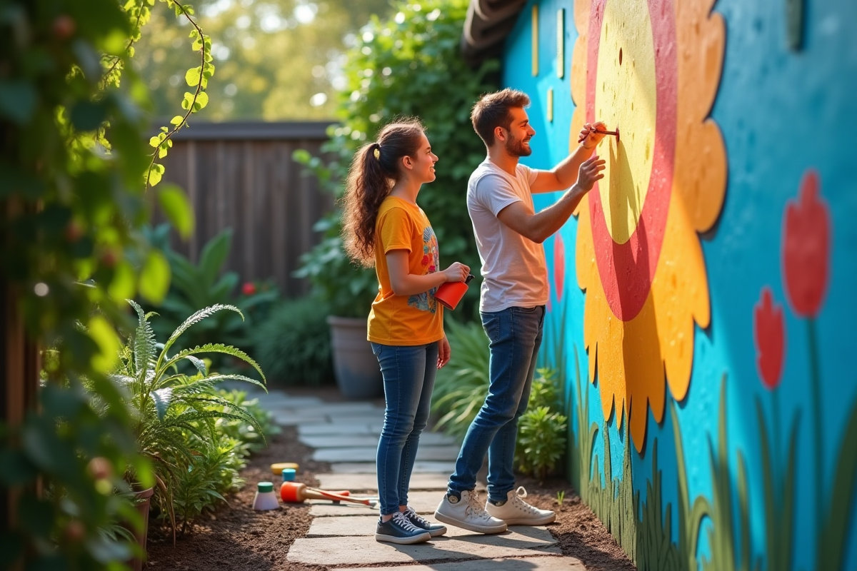 Père et fille peignant un mur dans le jardin en plein air
