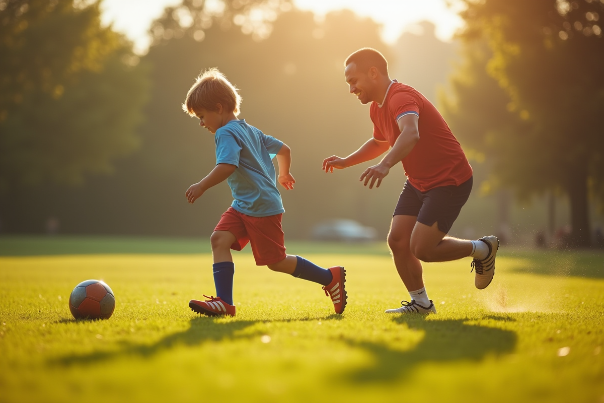 Père et fils jouant au football dans un parc ensoleille