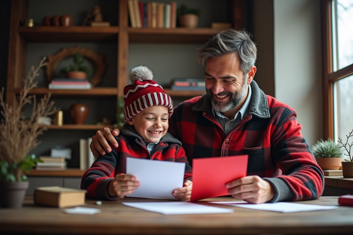 Père et fils regardant des modèles de lettres de Santa ensemble