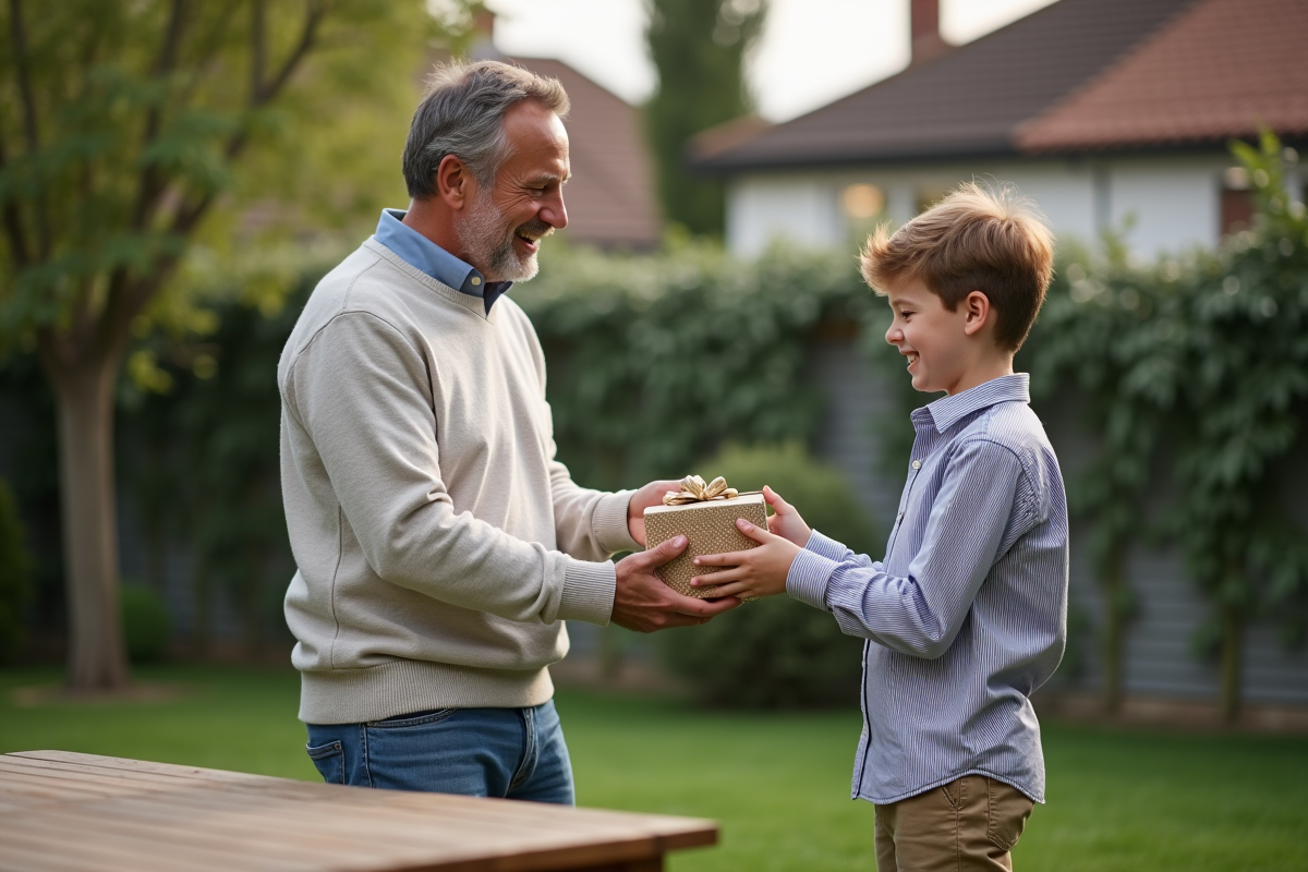 Père donne un cadeau à son fils dans le jardin