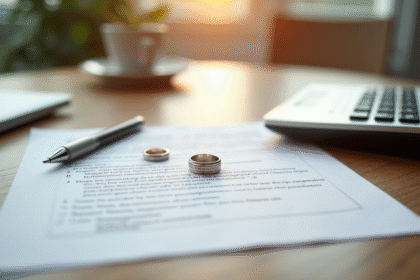 Table en bois avec papiers de divorce et alliances séparées