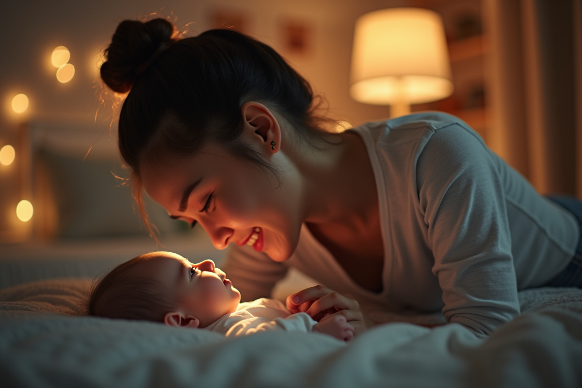 Parent aimant posant doucement son bébé dans une nurserie chaleureuse