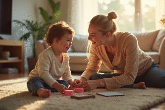 Parent et enfant jouent dans un salon lumineux