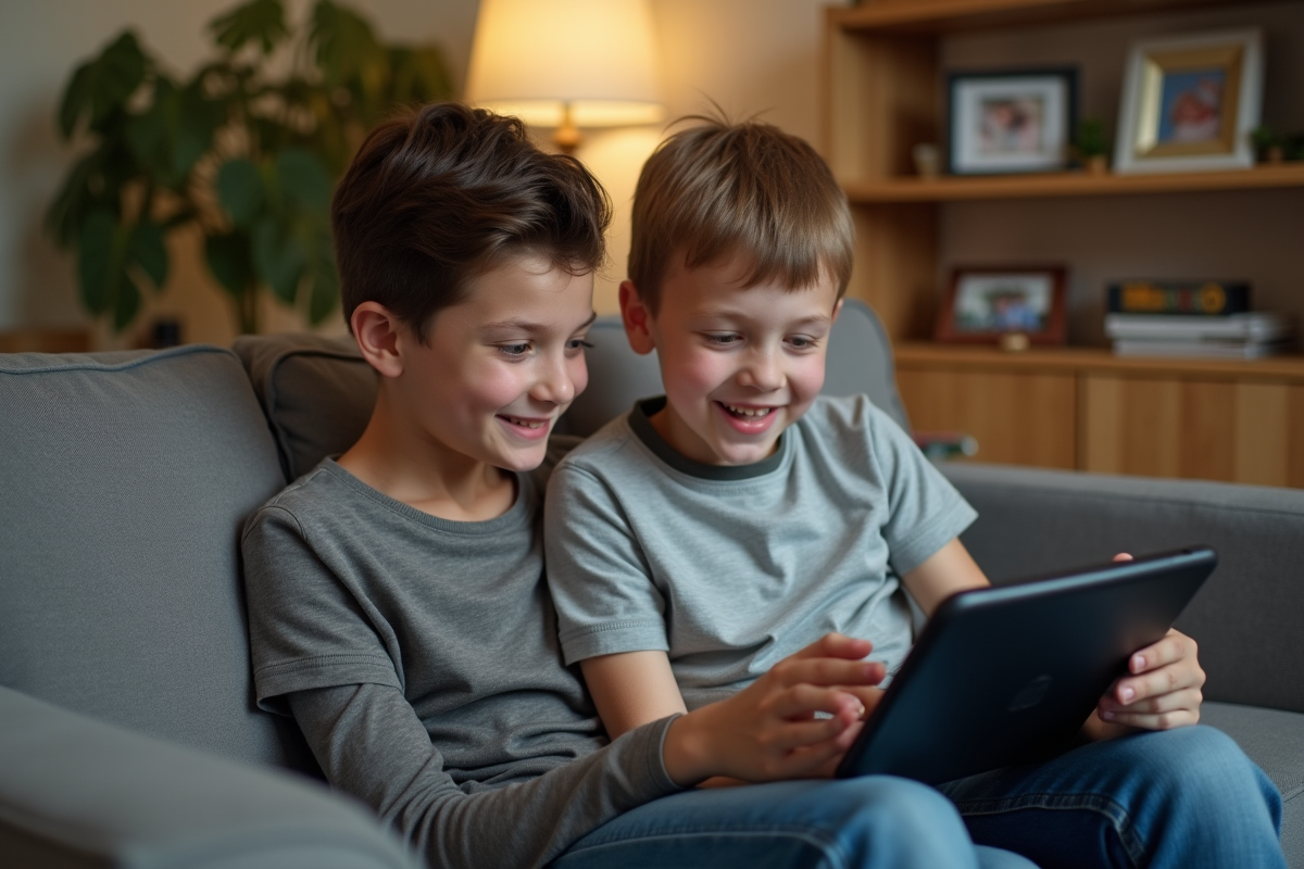 Parent et enfant de 12 ans regardent une tablette ensemble dans le salon