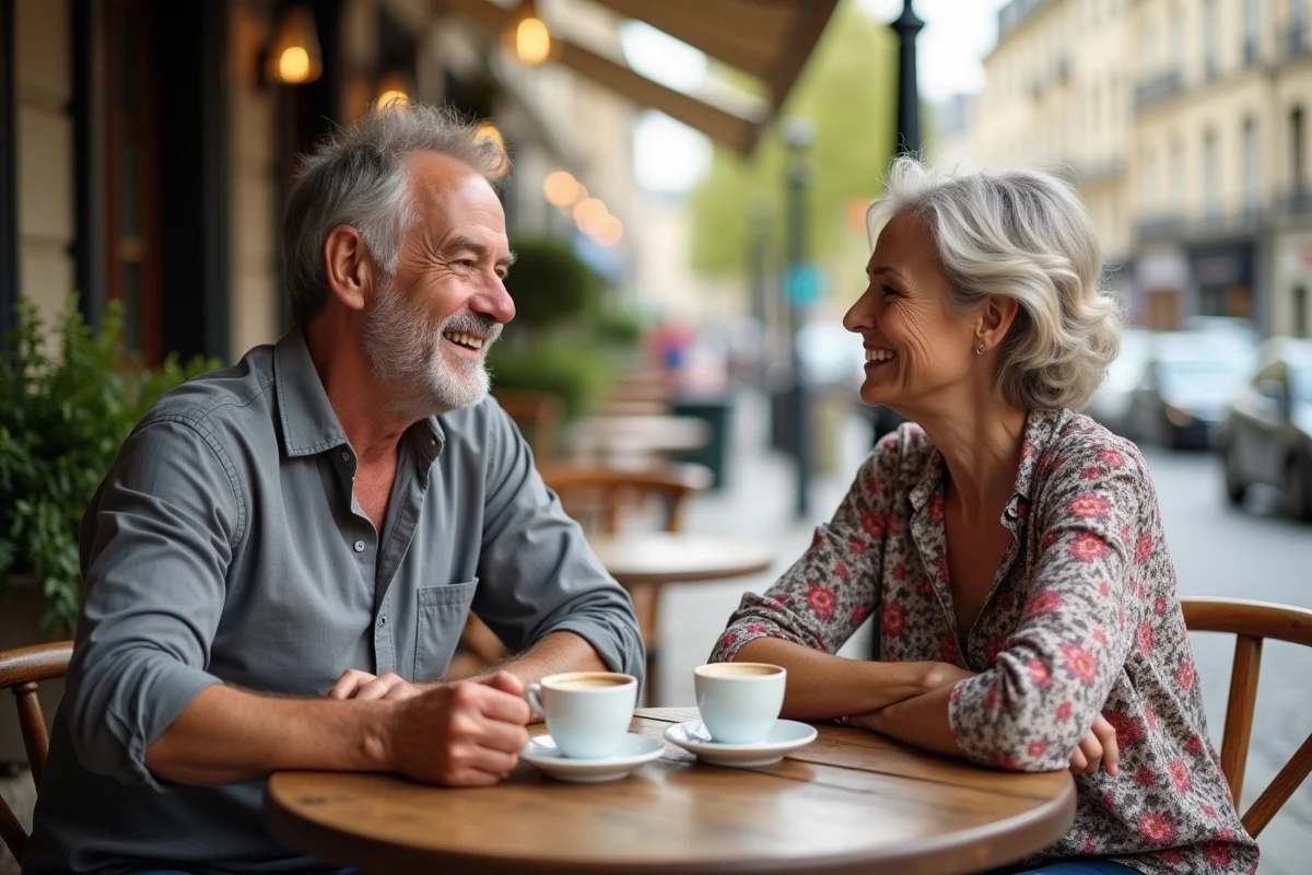 Couple de parents discrets attablés en terrasse d'un café parisien dans une ambiance familiale