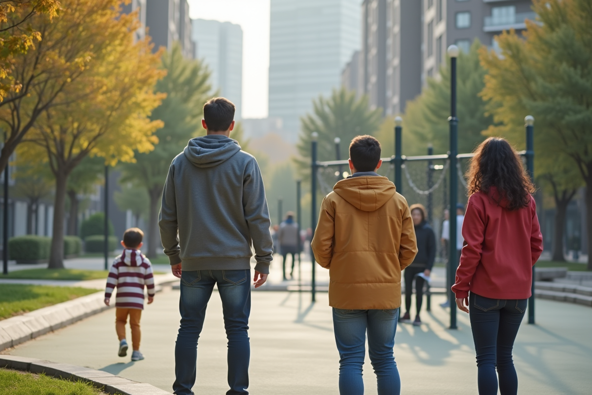 Parents regardant leur enfant jouer dans un parc urbain