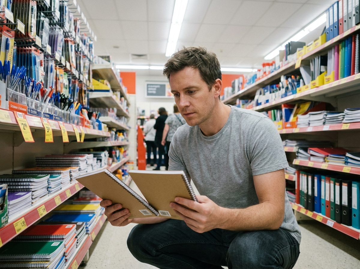 Père de famille comparant le prix de cahiers de texte dans un rayon papeterie de grande surface pour faire des économies à la rentrée