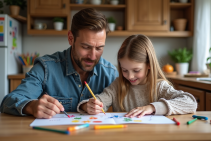 Père et fille travaillent ensemble sur un projet scolaire à la maison