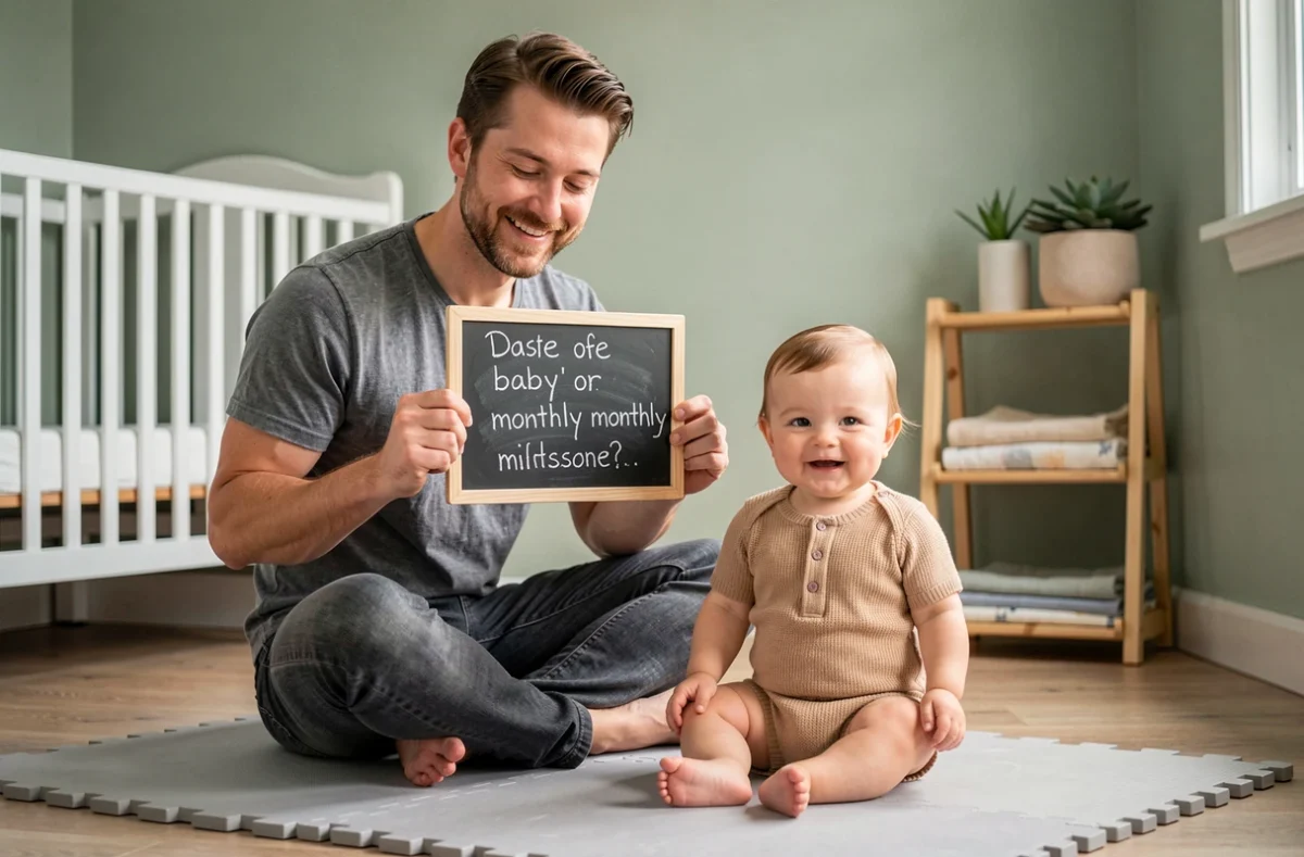 Papa tenant un panneau ardoise mensuel assis avec son bébé de neuf mois dans une chambre de bébé moderne pour un projet photo album 2026