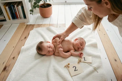 Maman arrangeant un bébé sur une couverture blanche pour une photo mensuelle avec des cartes de jalons et des fleurs séchées en décor
