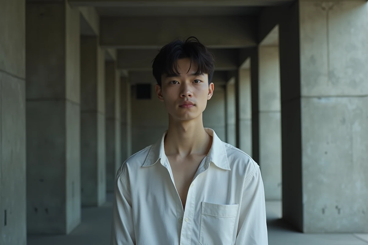 Portrait intimiste d'un jeune artiste dans les coulisses d'une salle de spectacle, évoquant l'univers musical et l'identité de Pierre Haroche frère de Raphaël