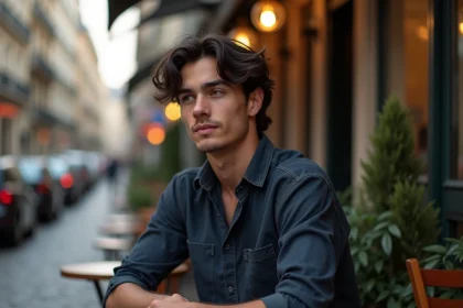 Portrait éditorial d'un jeune homme parisien pensif en terrasse de café, évoquant l'univers artistique et familial de Pierre Haroche