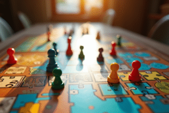 Vue d'ensemble d'une table avec jeux de société colorés